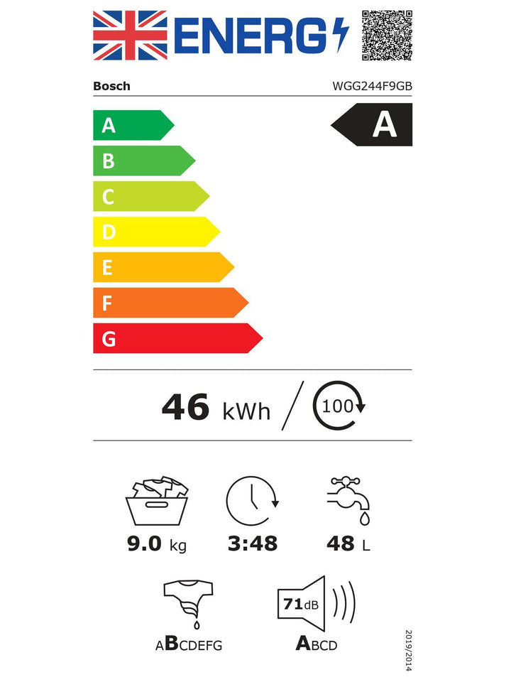 Bosch Series 6 WGG244F9GB Freestanding Washing Machine, 9kg Load, 1400rpm Spin, White Intelligent Dosing System i-DOS