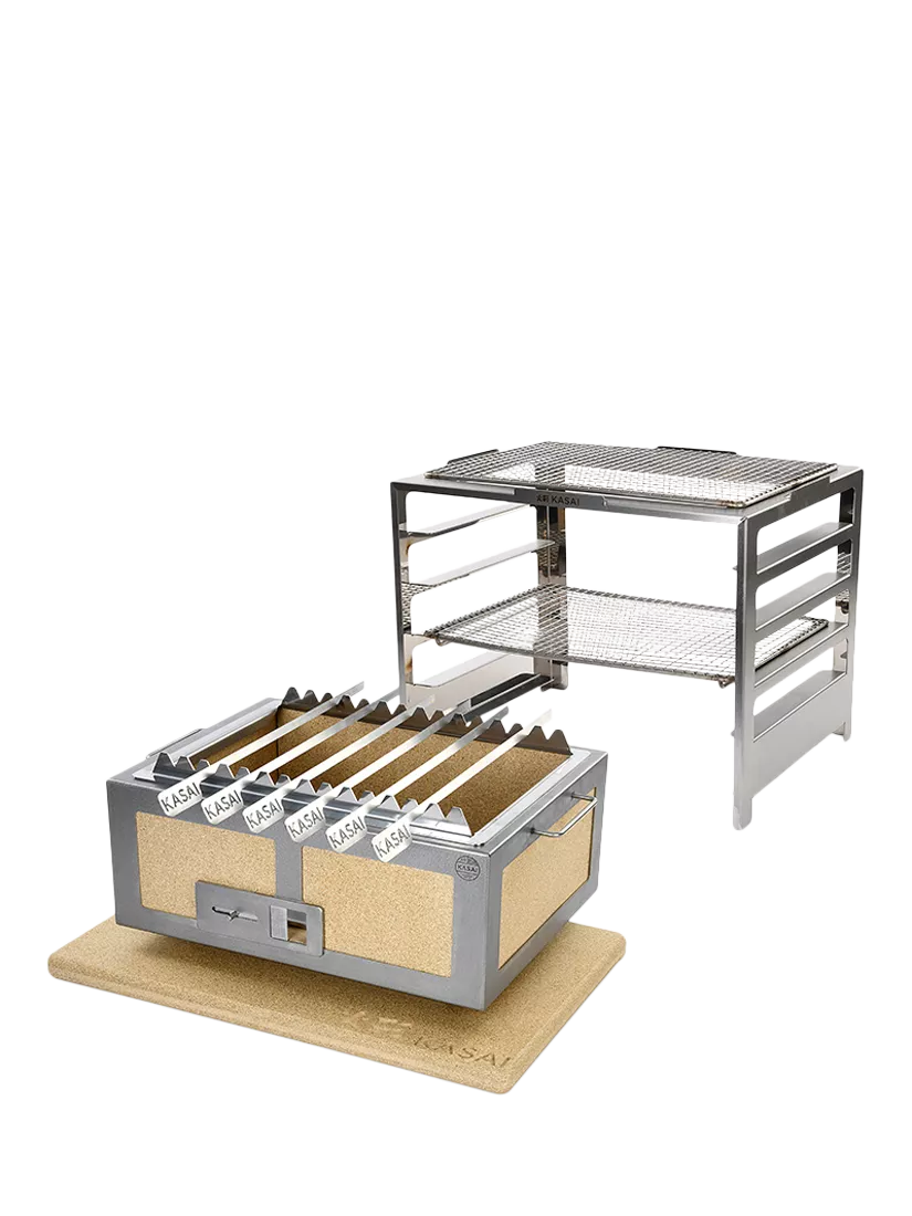 Kasai Medium Konro Grill Charcoal BBQ with Heat Mat, Robata & 6 Skewer Rack