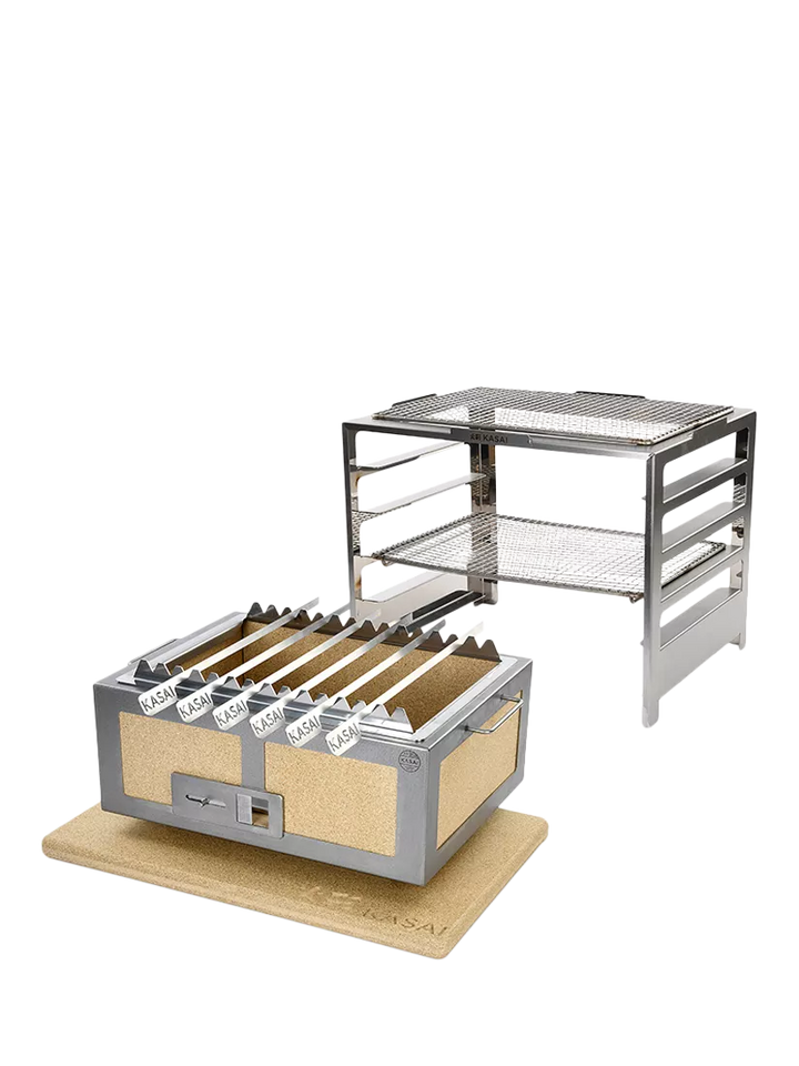 Kasai Medium Konro Grill Charcoal BBQ with Heat Mat, Robata & 6 Skewer Rack