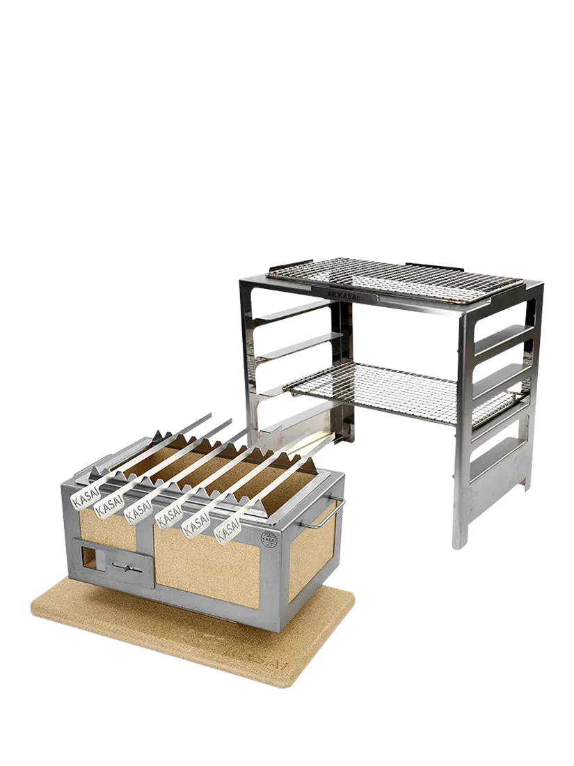 Kasai Little Konro Grill Charcoal BBQ with Heat Mat, Robata & 6 Skewer Rack