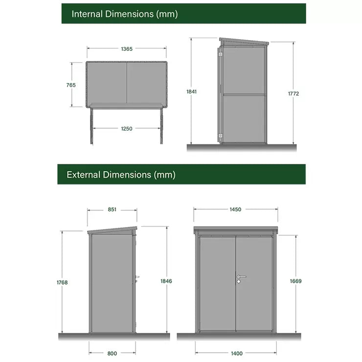 Stone Garden 4ft 7" x 2ft 6" (1.45 x 0.8m) Vertical 1,887 Litre Steel Shed in Green