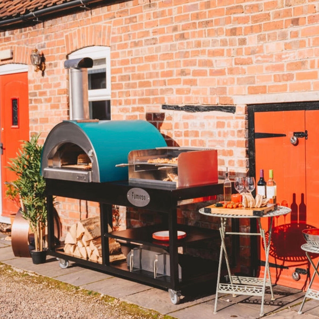 Alpha Pro Grande Fumoso Wood-Fired Pizza Oven and BBQ Grill Bundle in Teal Blue + Cover