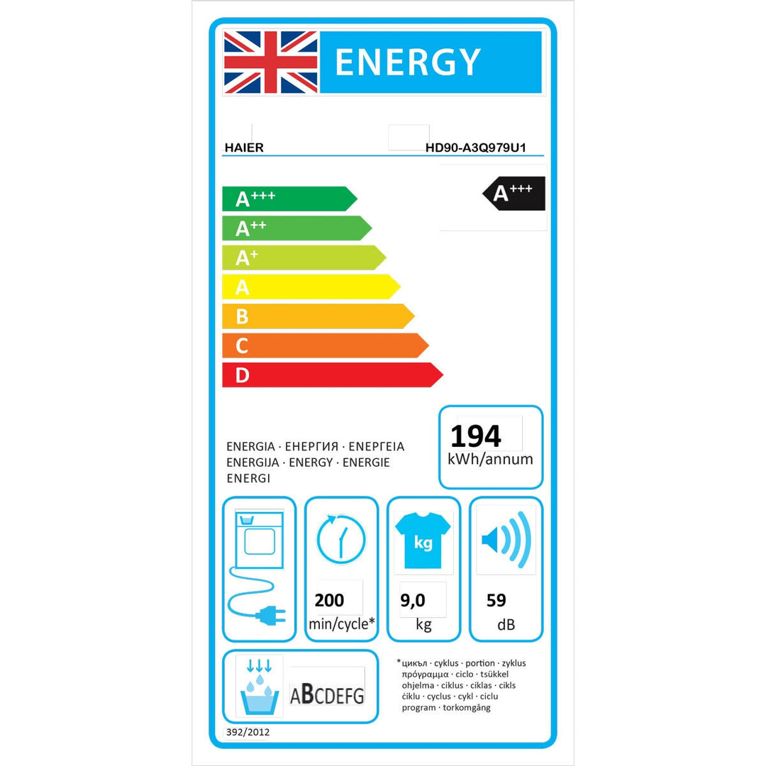 Haier Series 7 HD90-A3Q979U1 9kg Heat Pump Tumble Dryer, A+++ Rated in White