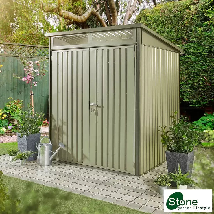 Stone Garden 5ft 11" x 5ft 11" (1.8m x 1.84m) Two Door Steel Shed in Green