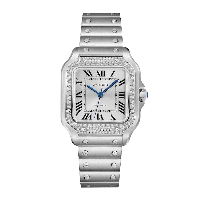 Santos De Cartier Watch Medium Model, Automatic, Steel, Diamonds, Interchangeable Metal And Leather Bracelets