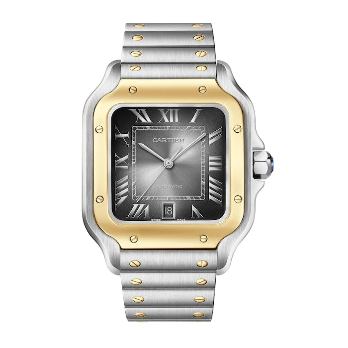 Santos De Cartier Watch, Large Model, Automatic Winding, Steel Case, Yellow Gold, Interchangeable Leather Strap