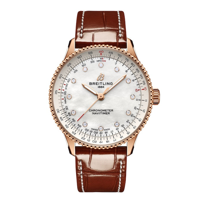 Navitimer 36mm Ladies Watch White Mother Of Pearl Alligator 18k Red Gold