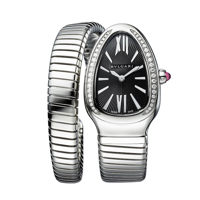Serpenti Tubogas 35mm Black Dial Diamond Ladies Watch - Stainless Steel Small Bracelet