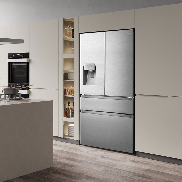 Hisense RF728N4SASE, Multi Door Fridge Freezer with Non Plumbed Water and Ice Dispenser,  E Rated in Stainless Steel