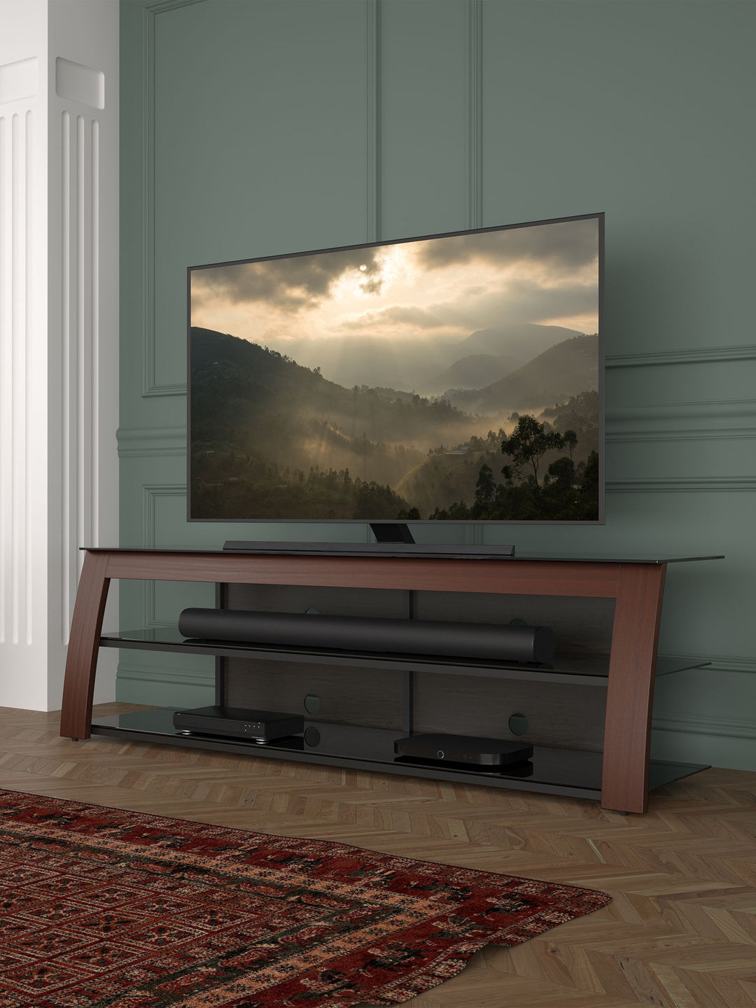 AVF Kivu 1800 TV Stand for TVs up to 90", Walnut & Black Glass