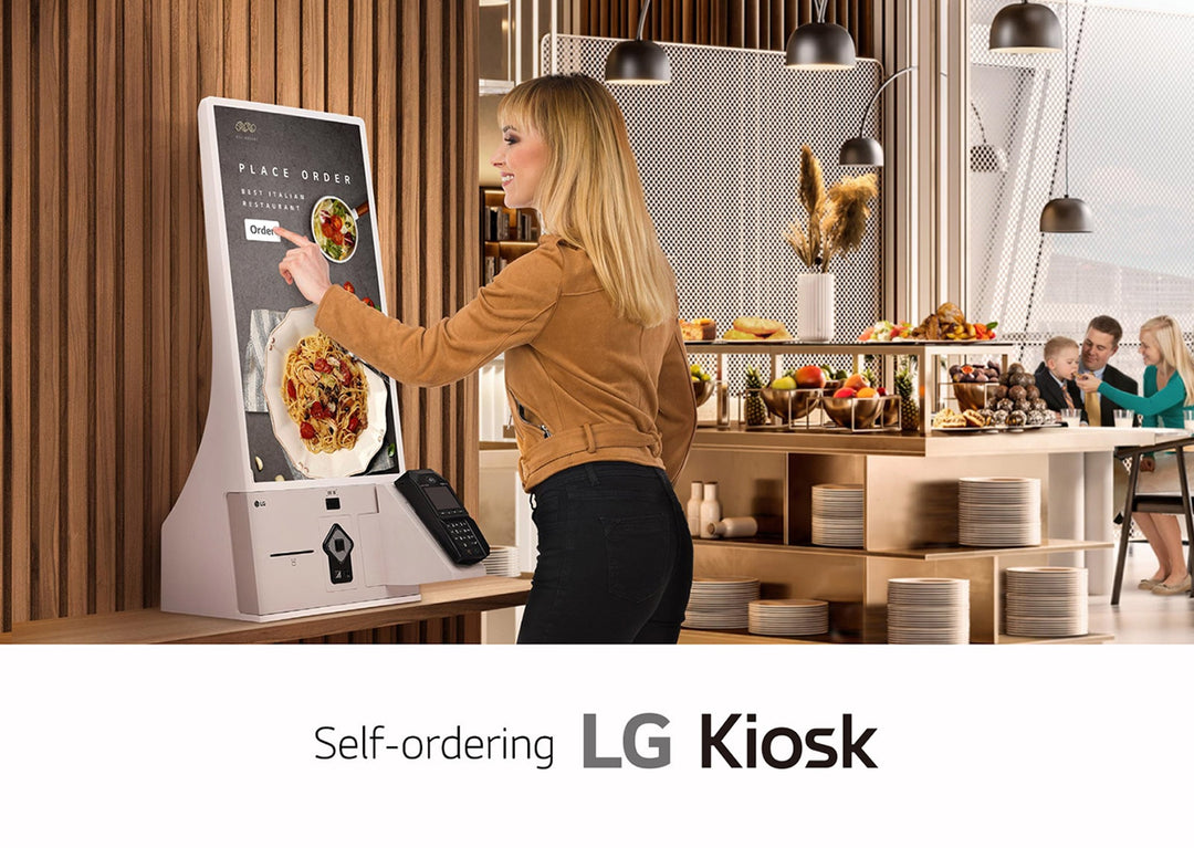 LG 27KC3PK‑C 27″ Self‑Ordering Kiosk – Full HD In‑Cell Touch, Windows 10 IoT, Thermal Printer & Scanner, Celeron Quad‑Core, 8 GB RAM, 128 GB SSD, Beige | QSR & Retail
