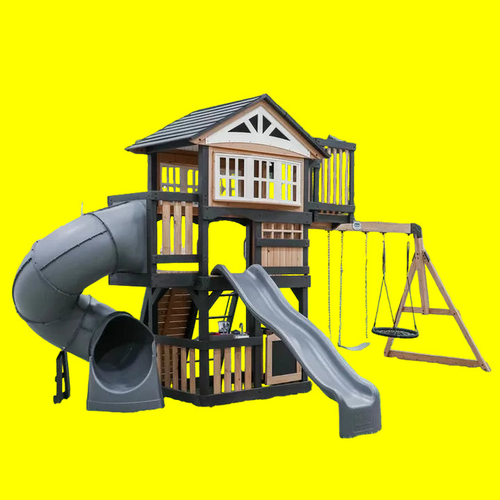 Large Wooden Garden Playcentre with Clubhouse, 2.4m Slide, Swings, Web Swing, Rock Wall, Telescope, Play Kitchen & Ladder – Outdoor Kids Activity Centre by TieDex
