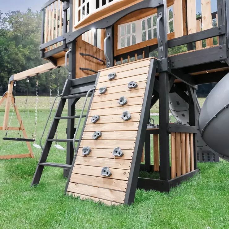 Large Wooden Garden Playcentre with Clubhouse, 2.4m Slide, Swings, Web Swing, Rock Wall, Telescope, Play Kitchen & Ladder – Outdoor Kids Activity Centre by TieDex