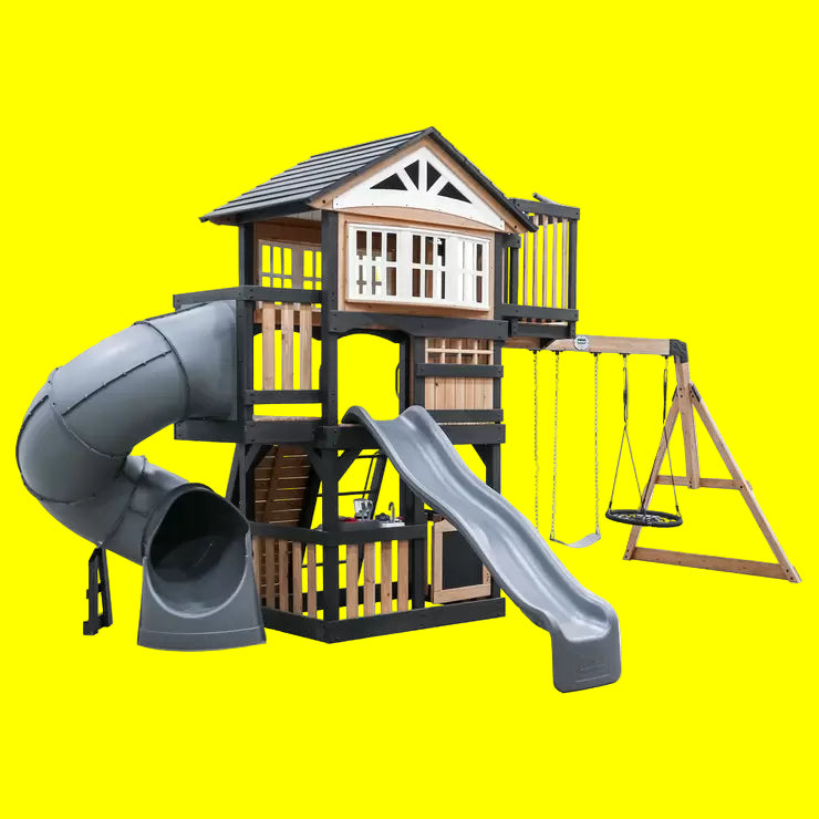 Large Wooden Garden Playcentre with Clubhouse, 2.4m Slide, Swings, Web Swing, Rock Wall, Telescope, Play Kitchen & Ladder – Outdoor Kids Activity Centre by TieDex
