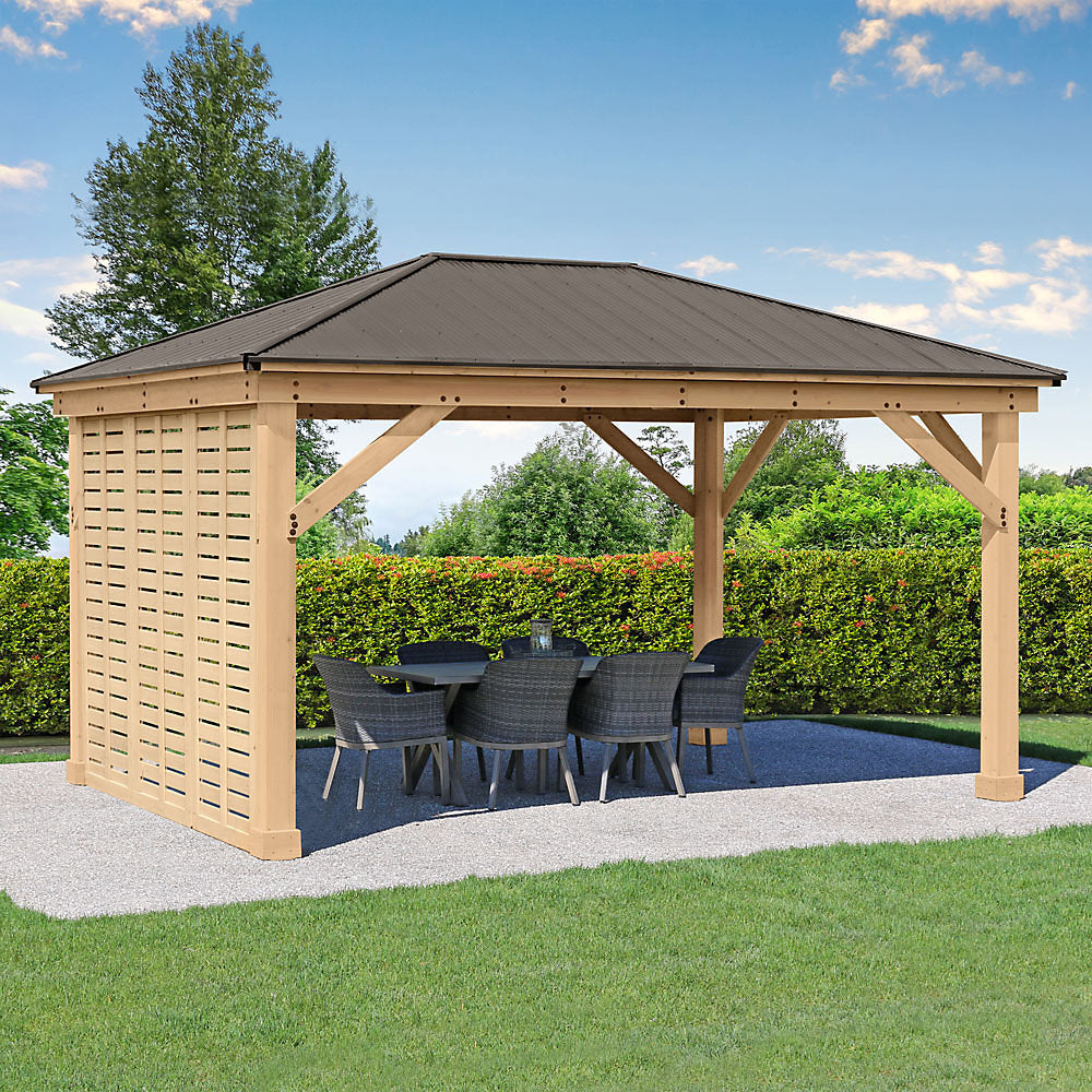 Yardistry Meridian Gazebo 14ft x 12ft (4.3 x 3.7m) With Single Privacy Wall and Gutter Pipe