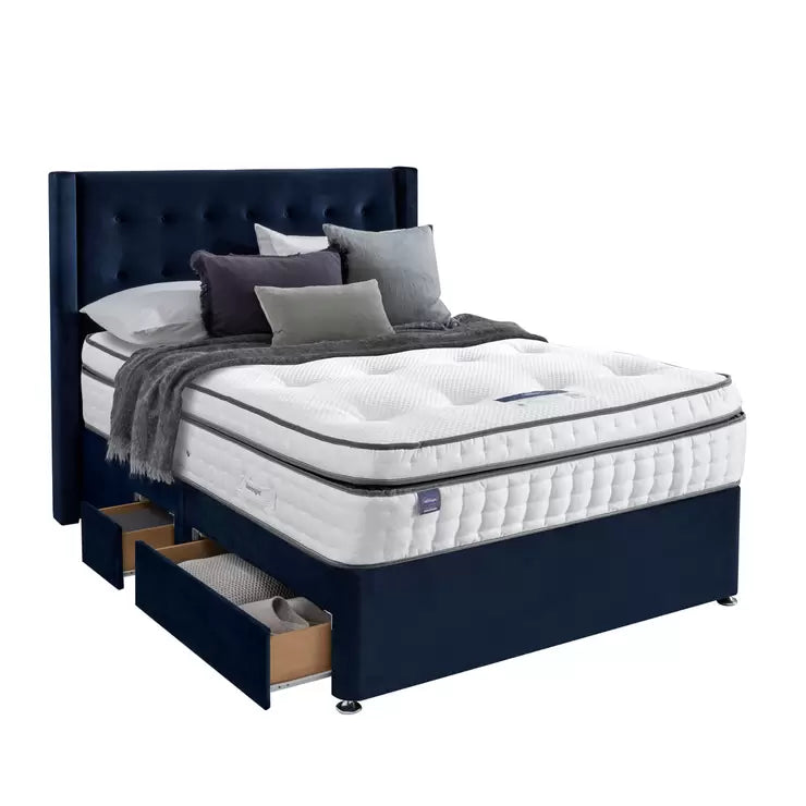 Silentnight Velvet Continental Divan Base with Bloomsbury Headboard in Maritime, Double