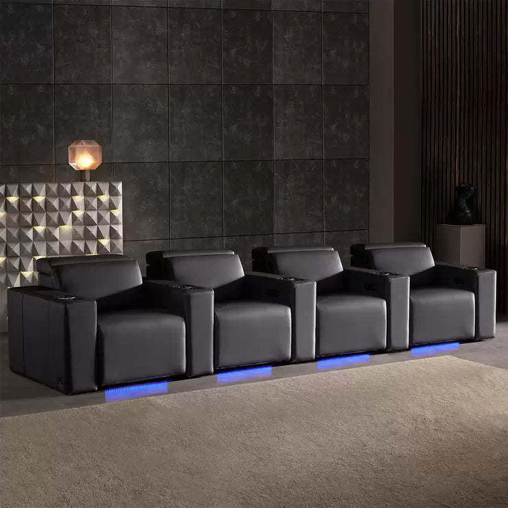 Valencia Barcelona Row of 4 Black Leather Reclining Home Theatre Seating with RGB LED