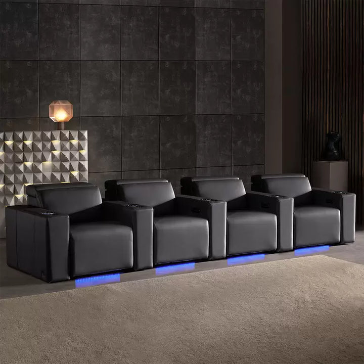 Valencia Barcelona Row of 4 Black Leather Reclining Home Theatre Seating with RGB LED