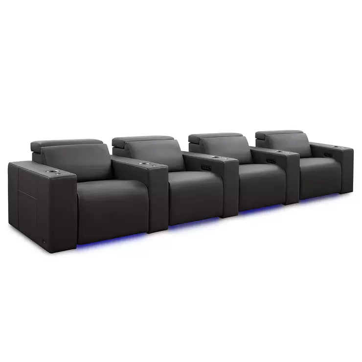 Valencia Barcelona Row of 4 Black Leather Reclining Home Theatre Seating with RGB LED