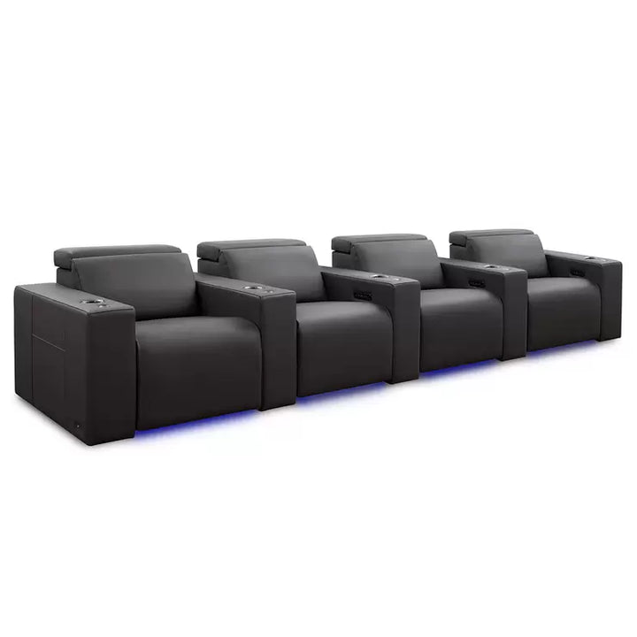 Valencia Barcelona Row of 4 Black Leather Reclining Home Theatre Seating with RGB LED