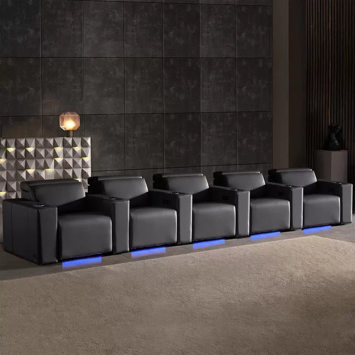 Valencia Barcelona Row of 5 Black Leather Reclining Home Theatre Seating with RGB LED