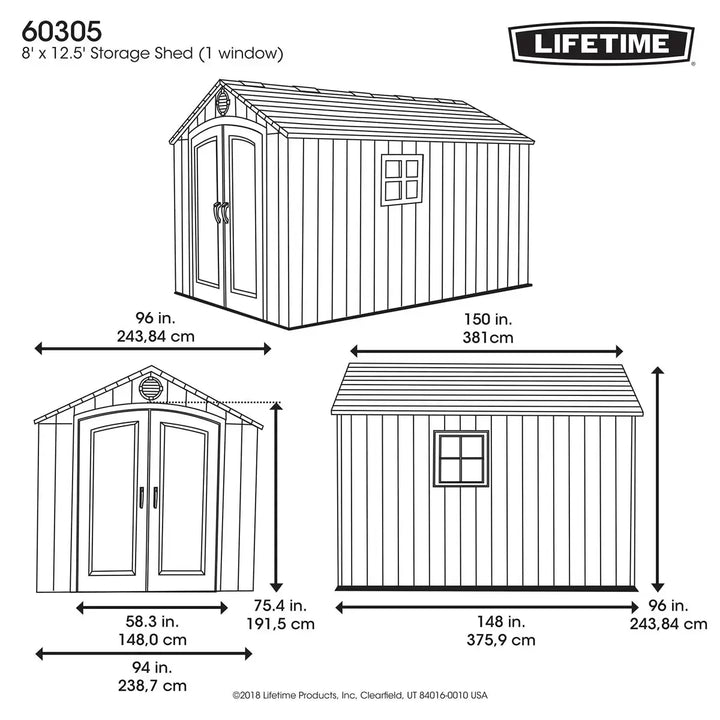 Lifetime 8ft x 12ft 6" (2.4 x 3.8m) Simulated Wood Look Storage Shed - Model 60305