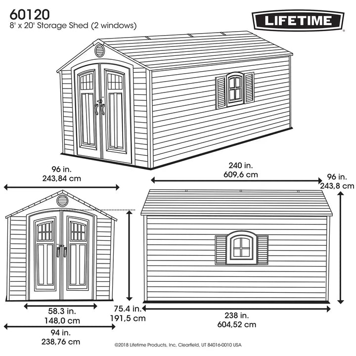 Lifetime 8ft x 20ft (2.4 x 6.1m) Storage Shed - Model 60120 - Made from High-Density Polyethylene (HDPE)