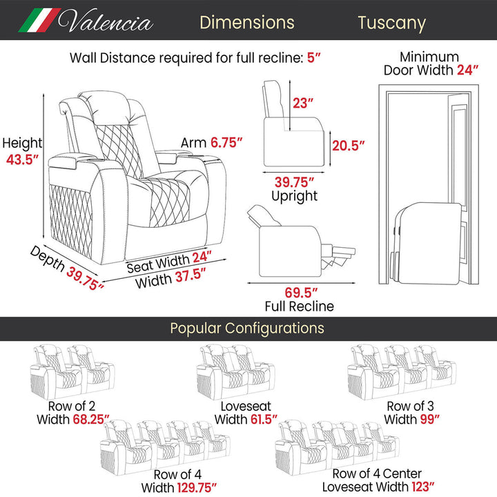 Valencia Tuscany Row of 4 Black Leather Power Reclining Home Theatre Seating