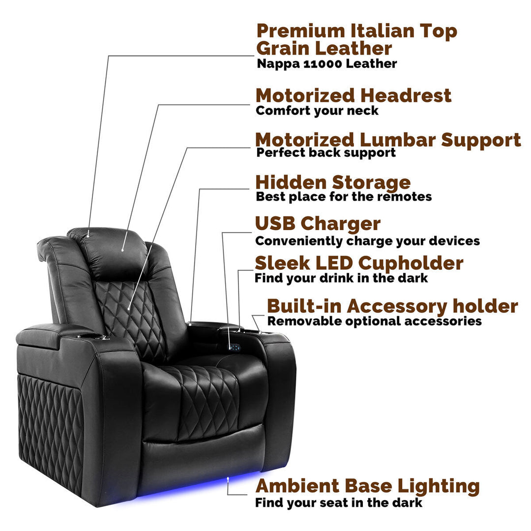 Valencia Tuscany Row of 5 Black Leather Power Reclining Home Theatre Seating