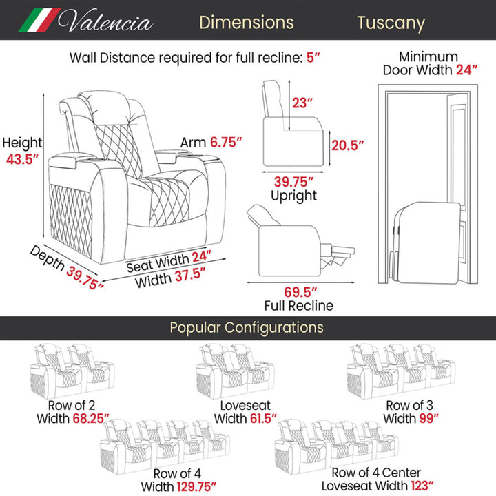 Valencia Tuscany Row of 5 Brown Leather Power Reclining Home Theatre Seating