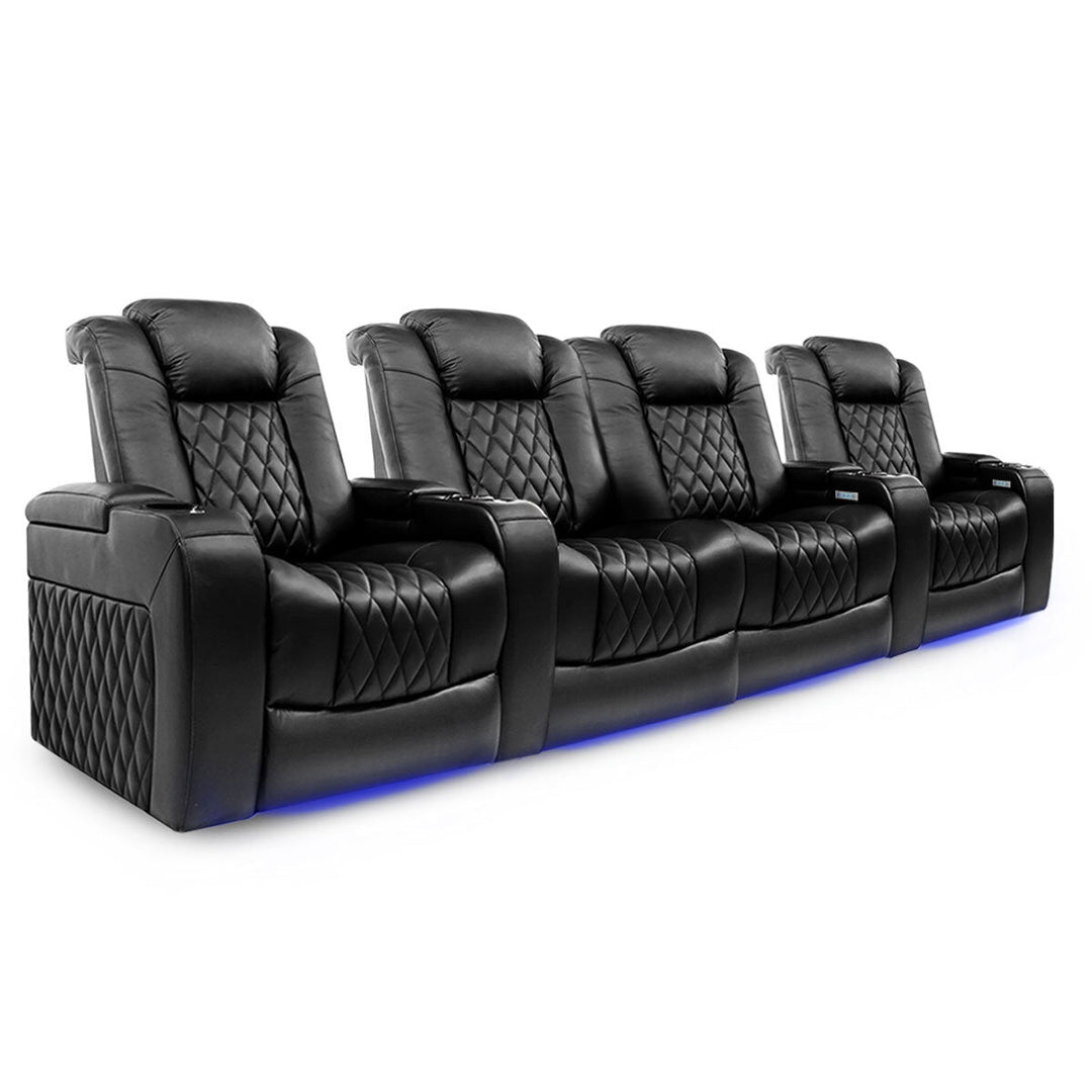 Valencia Tuscany Row of 4 Black Leather Power Reclining Home Theatre Seating with Sofa Centre