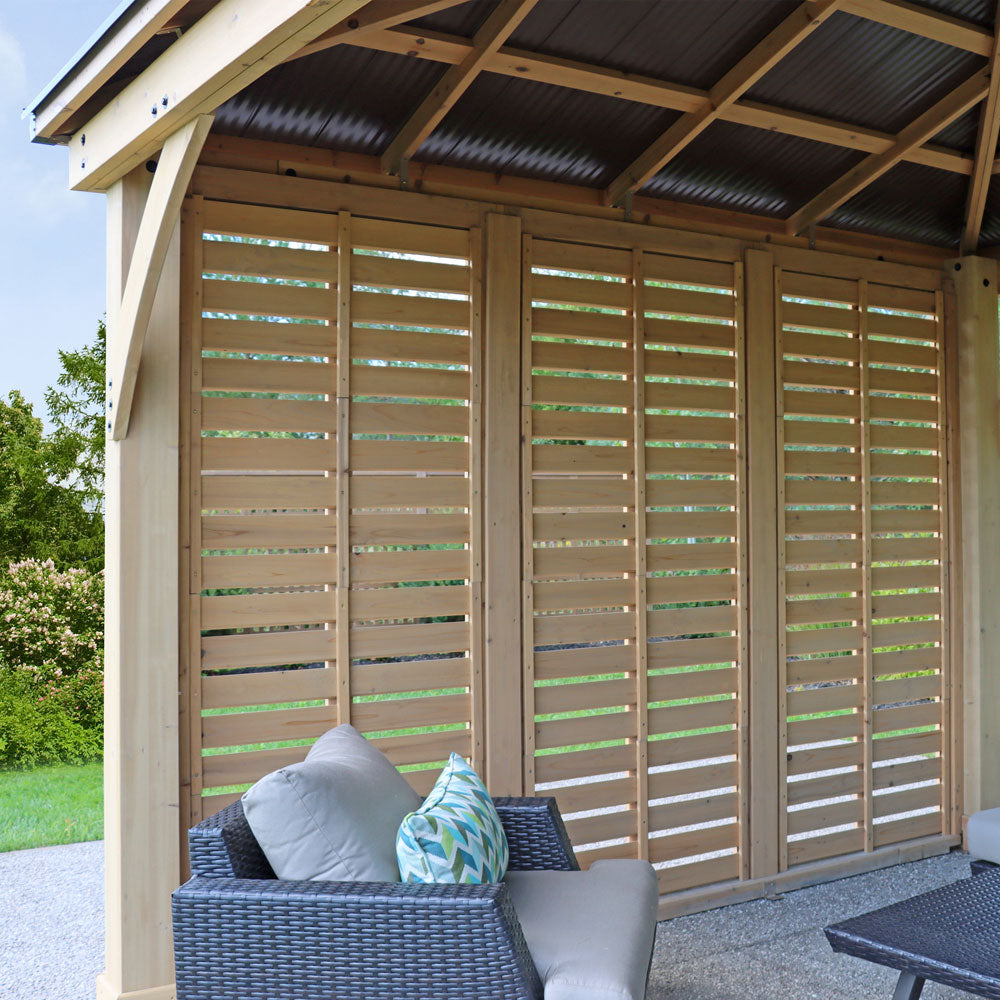Yardistry 12ft x 12ft (3.7 x 3.7m) Cedar Meridian Gazebo with Triple Privacy Wall & Aluminium Roof