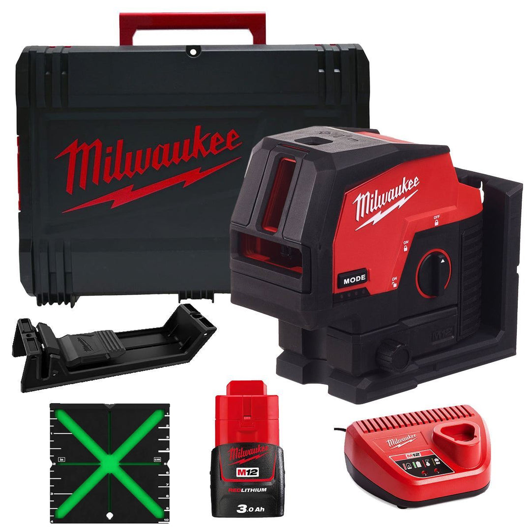 Milwaukee M12CLLP-0 12V Green Cross Line 2 Plane Laser 360° with 1 x 3.0Ah Battery Charger &amp; Case