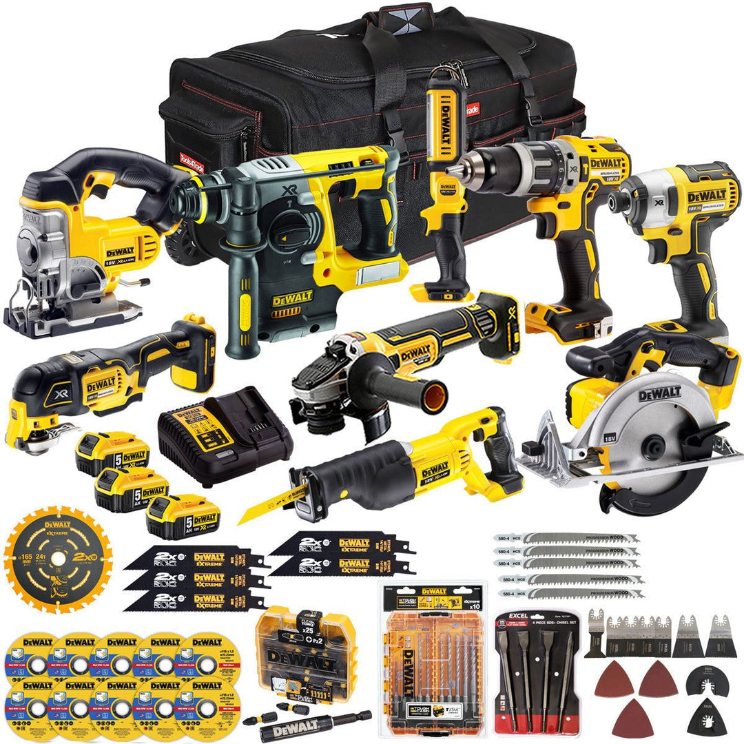 Dewalt 18V 9 Piece Power Tool Kit with 3 x 5.0Ah Battery Charger & Accessories Set T4TKIT-17219