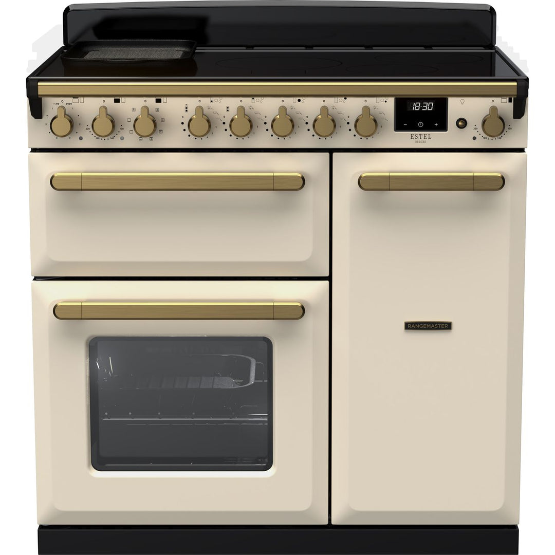 Rangemaster Estel Deluxe ESDL90EIPPCR/AB1 90cm wide Electric Range Cooker with Induction Hob - Cream / Antique Brass