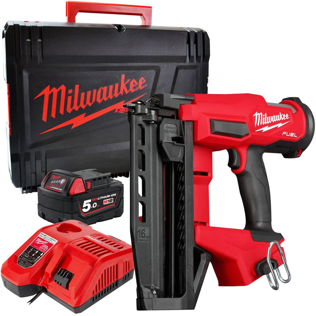 Milwaukee M18FN16GS-0X 18V Fuel Brushless 16G Straight Finish Nailer with 1 x 5.0Ah Battery Charger &amp; Case