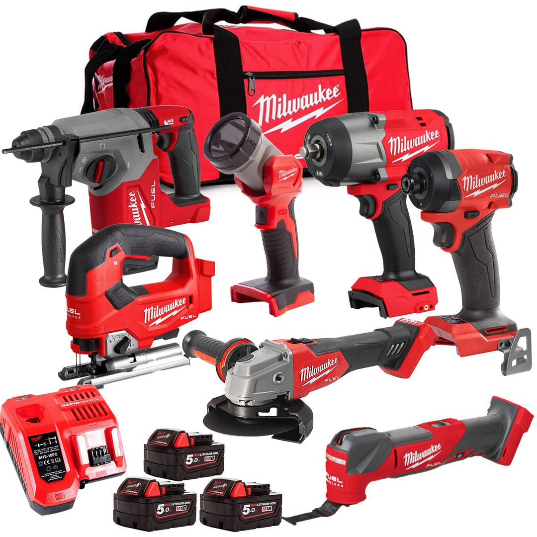 Milwaukee M18FPP6L3-503BK20 18V Brushless 7 Piece Tool Kit with 3 x 5.0Ah Batteries Charger & Wheeled Bag