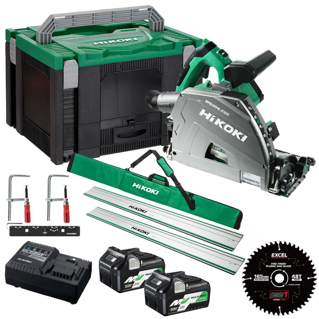 HiKOKI C3606DPAJVZ 36V MultiVolt Brushless 165mm Plunge Saw with 2 x 4.0/8.0Ah Batteries with Guide Rail Kit & Blade