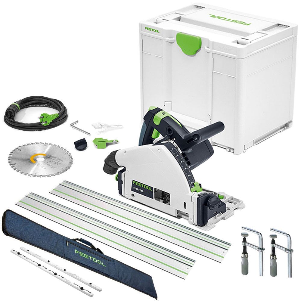 Festool TS 55 FEBQ-Plus 230V GB 160mm Circular Plunge-Cut Saw - 576706 With 2 x Guide Rail, Connector, Clamp & Bag