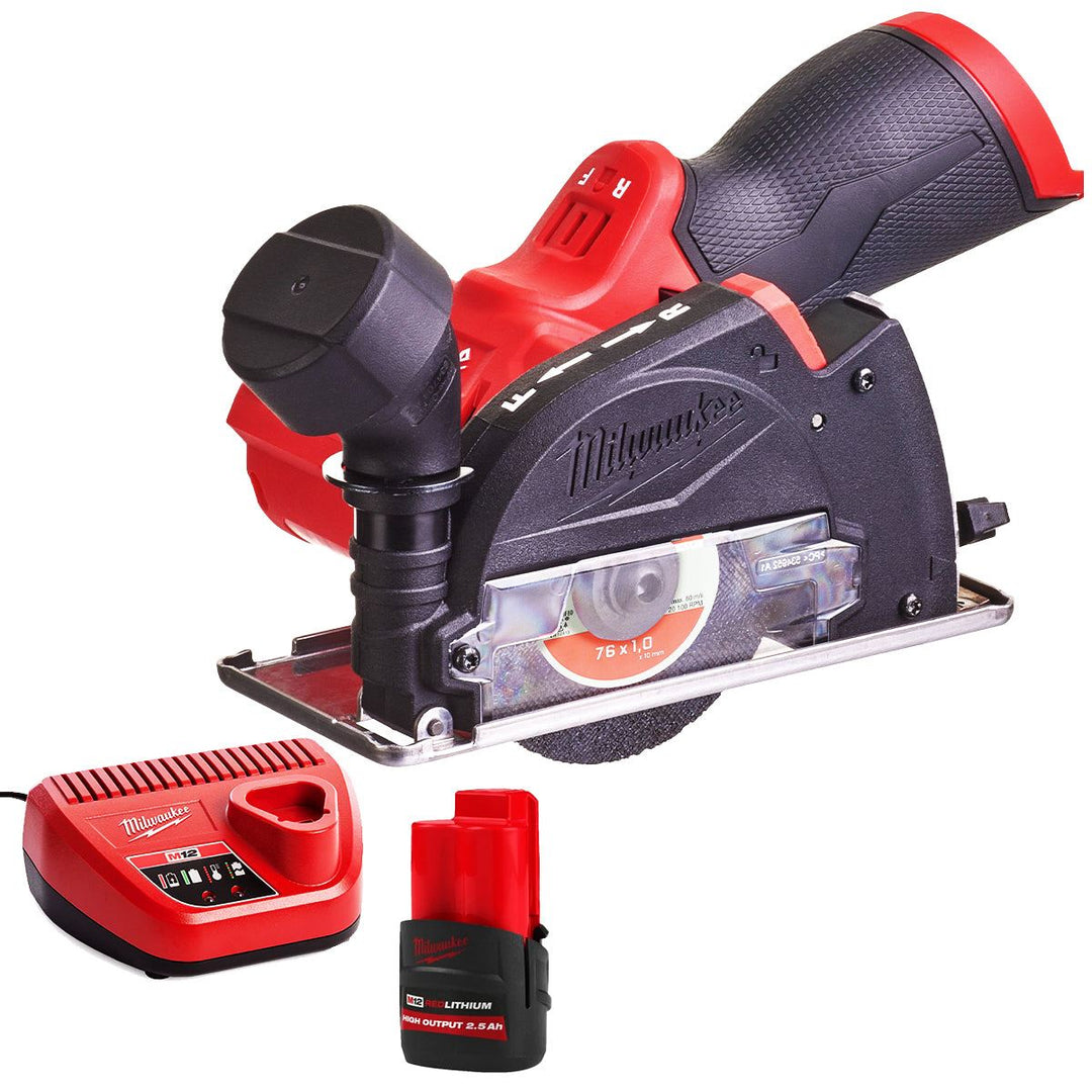 Milwaukee M12FCOT-0 12V Fuel Brushless 76mm Multi-Material Cut-off Saw with 1 x 2.5Ah Battery &amp; Charger