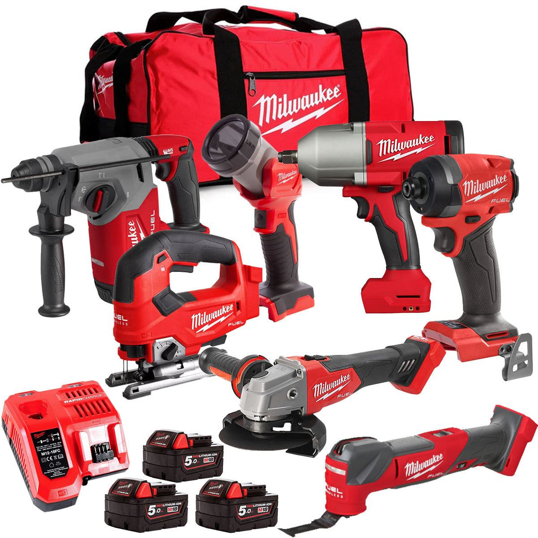 Milwaukee M18FPP6L3-503BK11 18V Brushless 7 Piece Tool Kit with 3 x 5.0Ah Batteries Charger & Wheeled Bag