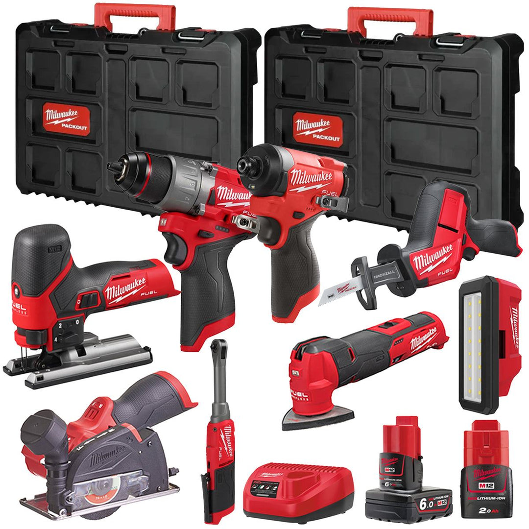 Milwaukee M12FPP7B2-644P 12V Fuel 8 Piece Powerpack Tool Kit with 1 x 6.0Ah & 2.0Ah Batteries, Charger & Case