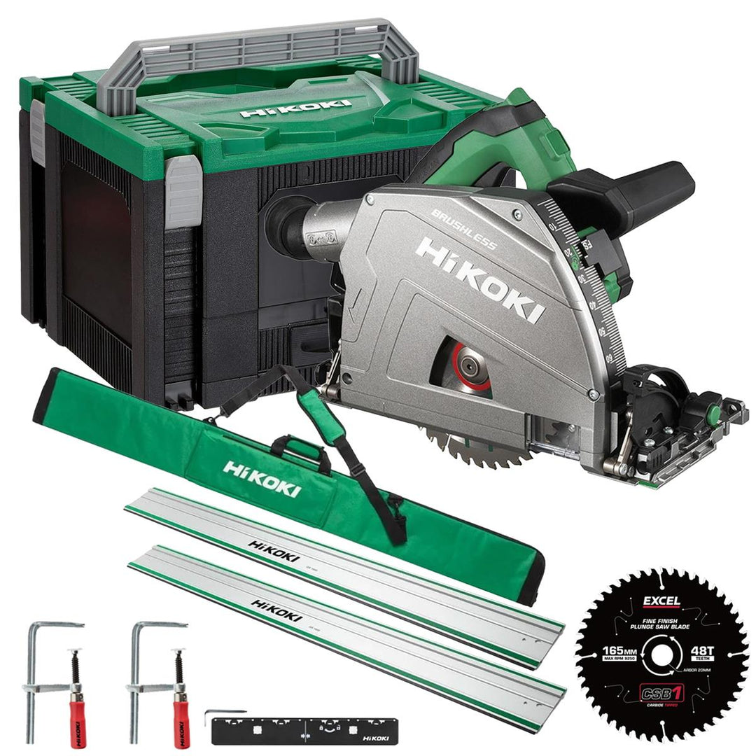 HiKOKI C3606DPAW2Z 36V MultiVolt Brushless 165mm Plunge Saw Body Only with 2 x 1600mm Guide Rail Kit & Blade