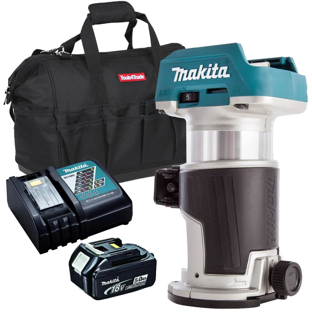 Makita DRT50Z 18V Brushless Router Trimmer with 1 x 5.0Ah Battery Charger & Bag