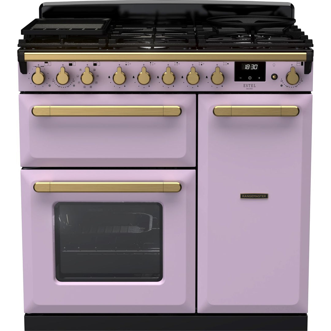 Rangemaster Estel Deluxe ESDL90DFPHTH/AB1 90cm wide Dual Fuel Range Cooker with Gas Hob - Heather / Antique Brass