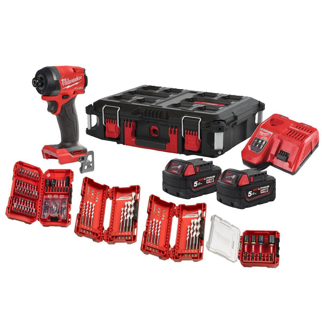 Milwaukee M18FID3100P-502P 18V FUEL Brushless 1/4" Impact Driver with 2 x 5.0Ah Batteries, Charger, Packout Case &amp; Accessories Set 4933499037