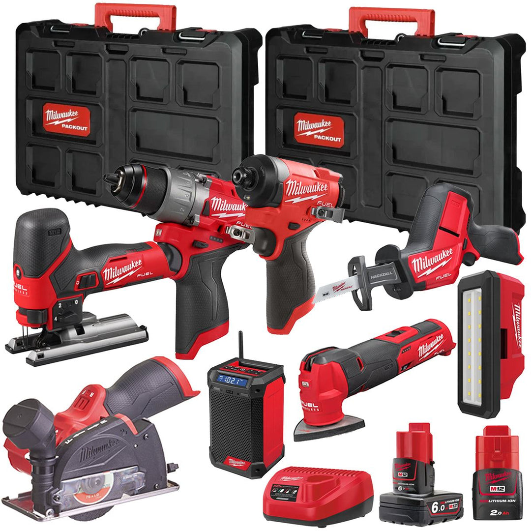 Milwaukee M12FPP7B2-632P 12V Fuel 8 Piece Powerpack Tool Kit with 1 x 6.0Ah & 2.0Ah Batteries, Charger & Case