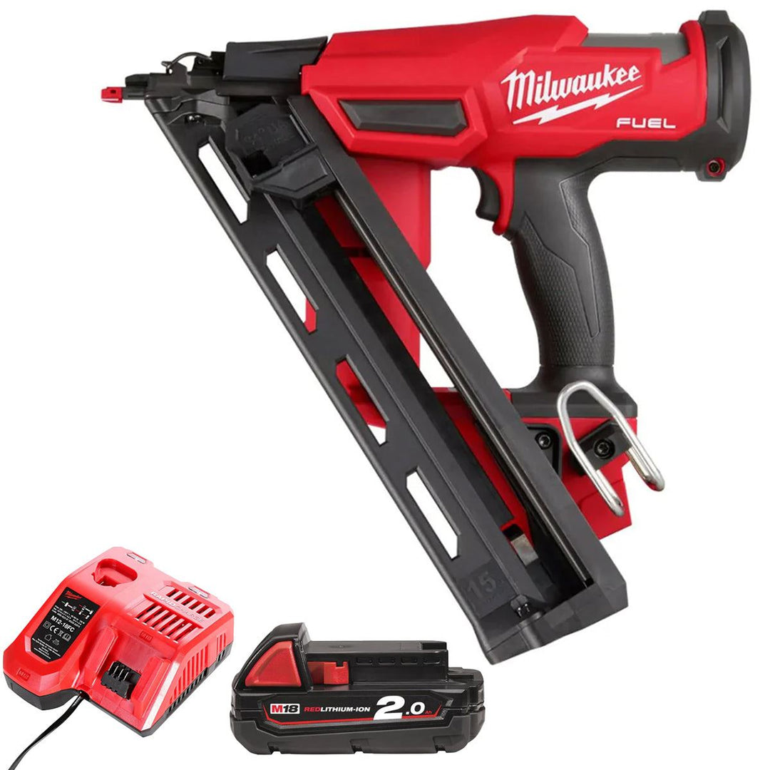 Milwaukee M18FN15GA-0 18V Brushless 15Ga Angled Finish Nailer with 1 x 2.0Ah Battery & Charger