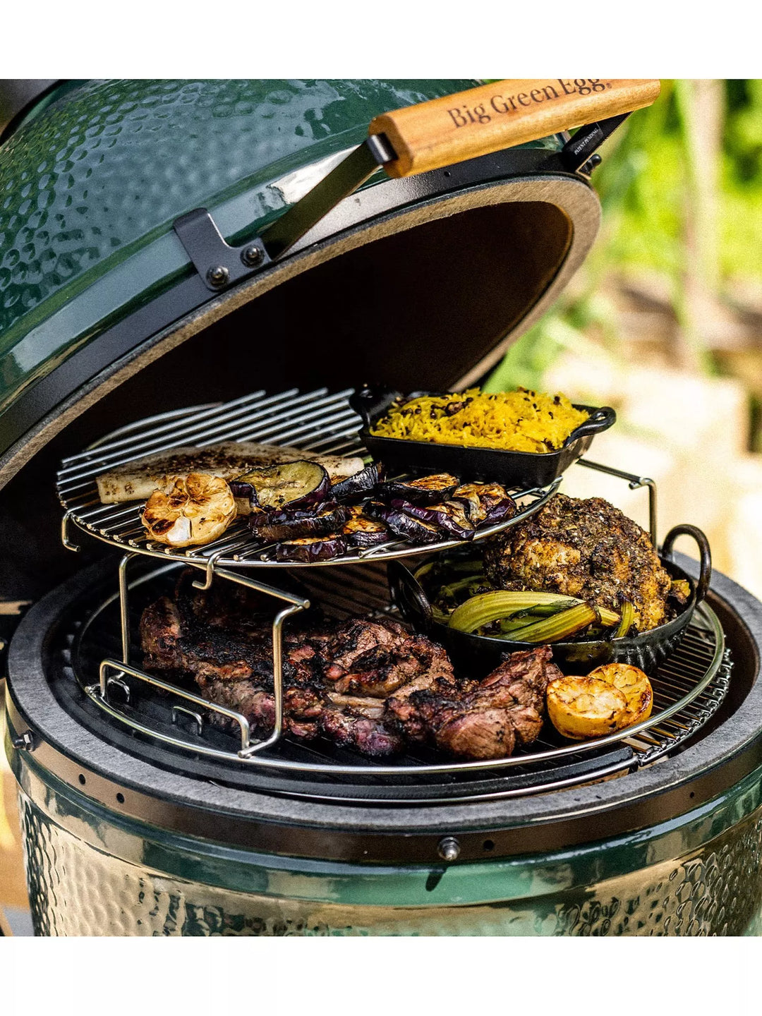 Big Green Egg Large Egg BBQ & Mahogany Wood Table Bundle with ConvEGGtor & Cover