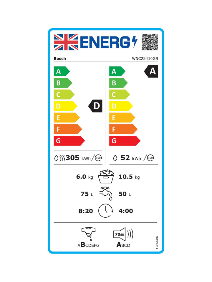Bosch Series 8 WNC25410GB Freestanding Washer Dryer 10.5kg/6kg Load, 1400rpm Spin, White